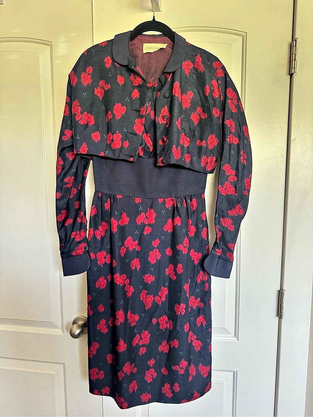 Vintage 50s I. Magnin & Co. Floral Midi Dress with Cropped Jacket in Blue & Red